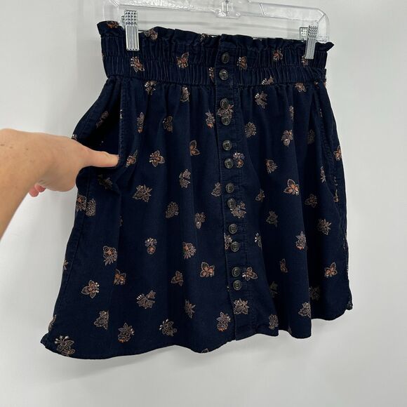 MADEWELL Navy Blue Floral Baby Corduroy Paperbag Button Front Mini Skirt Small - Picture 3 of 5